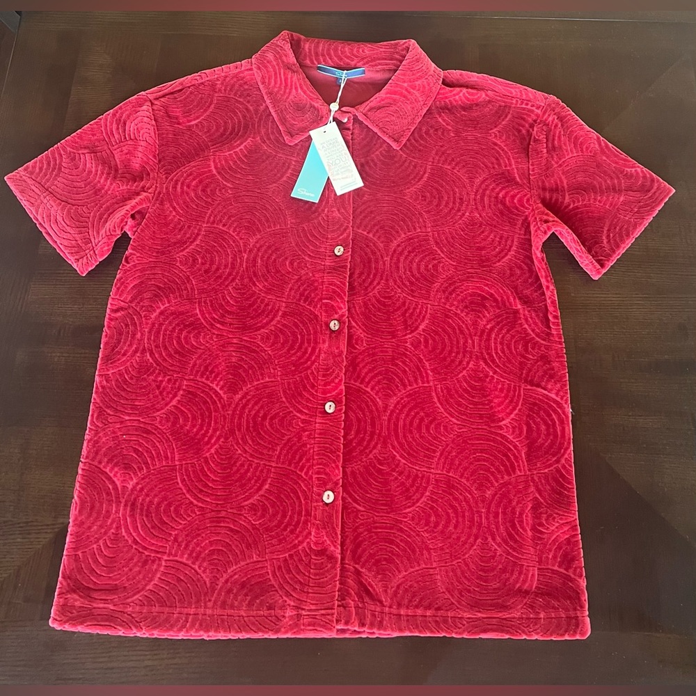 SHORE Women's Red Terry Cloth Wave Textured Button Down Shirt Coverup NWT S